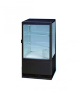 Eine schwarze Kühlvitrine mit 3 Seiten aus Glas. Die Rückseite ist nicht durchsichtig sondern mit weißem Hintergrund. Diese Kühlvitrine wirkt sehr hochwertig und modern.