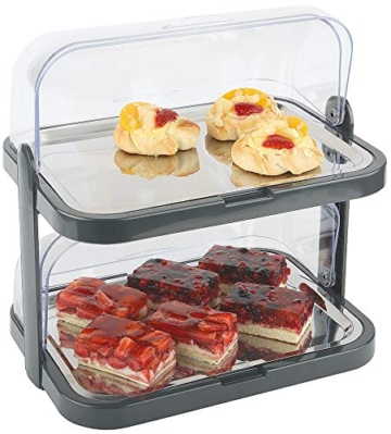 APS 9204 Buffetvitrine „Doppeldecker“ – 2 beidseitig aufklappbare, transparente Rolltophauben, 2 Edelstahl-Tabletts, 4 Kühl-Akkus, platzsparend lagerbar – Made in Germany, Schwarz - 4