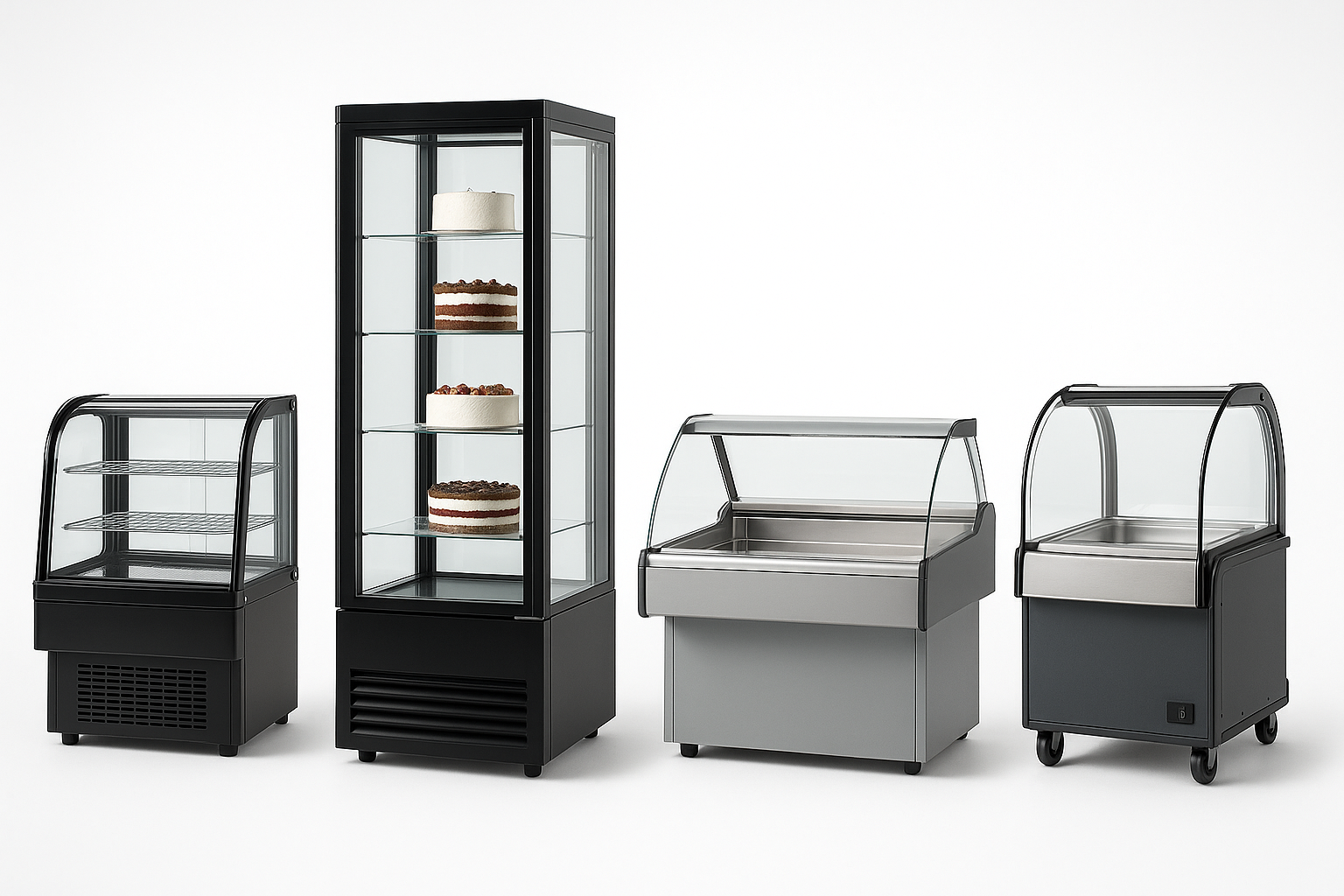 Vier verschiedene Kühlvitrinen-Typen im Vergleich: Mini, Stand-Kuchen, Theken-Kühl, Buffet