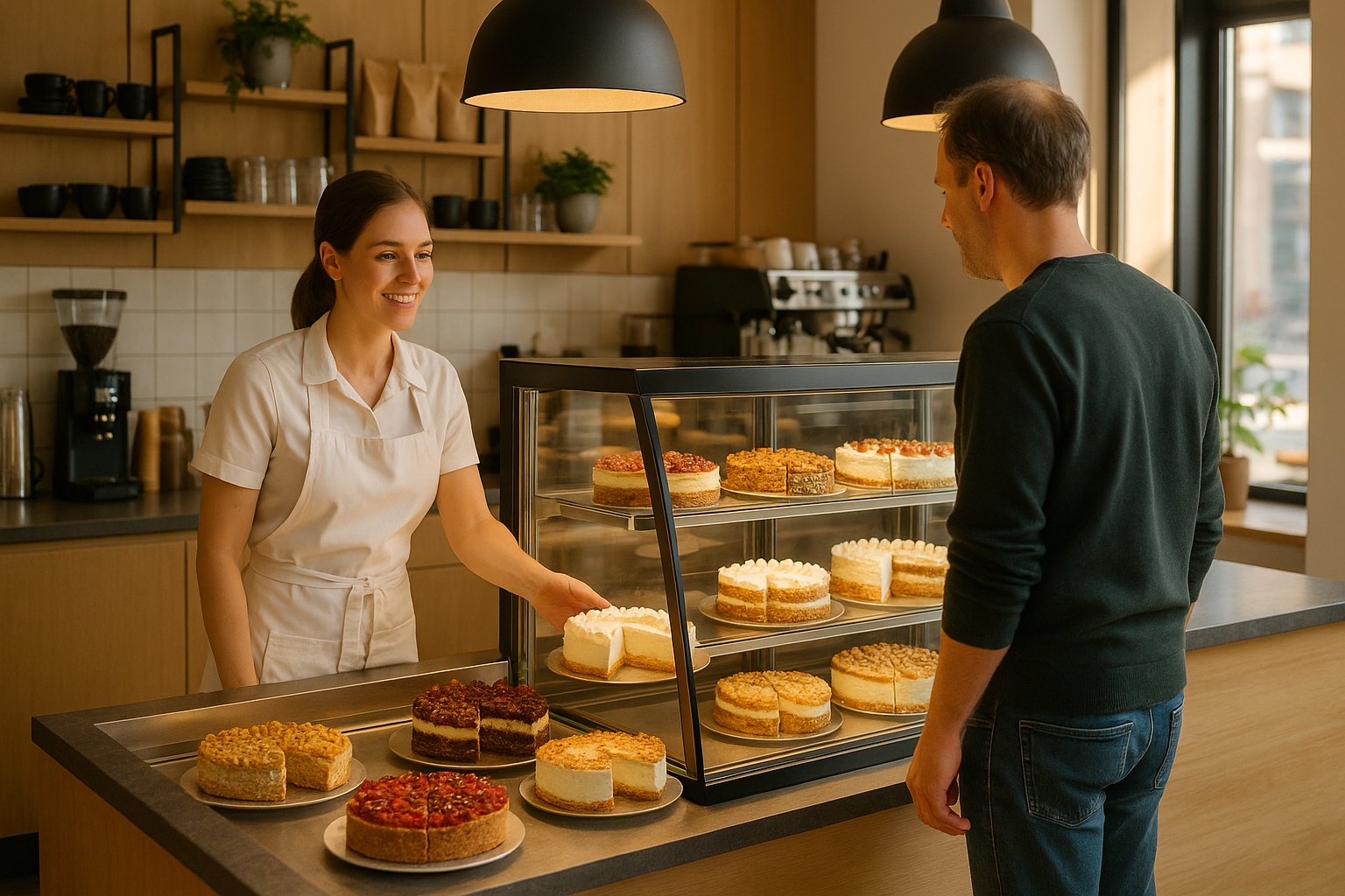 Café-Verkaufstresen mit Kuchenvitrine und Kunde