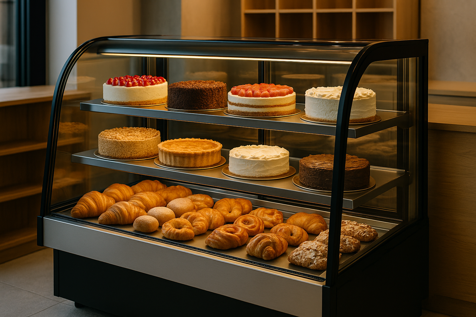 Professionelle Kühlvitrine mit Torten in einem Café