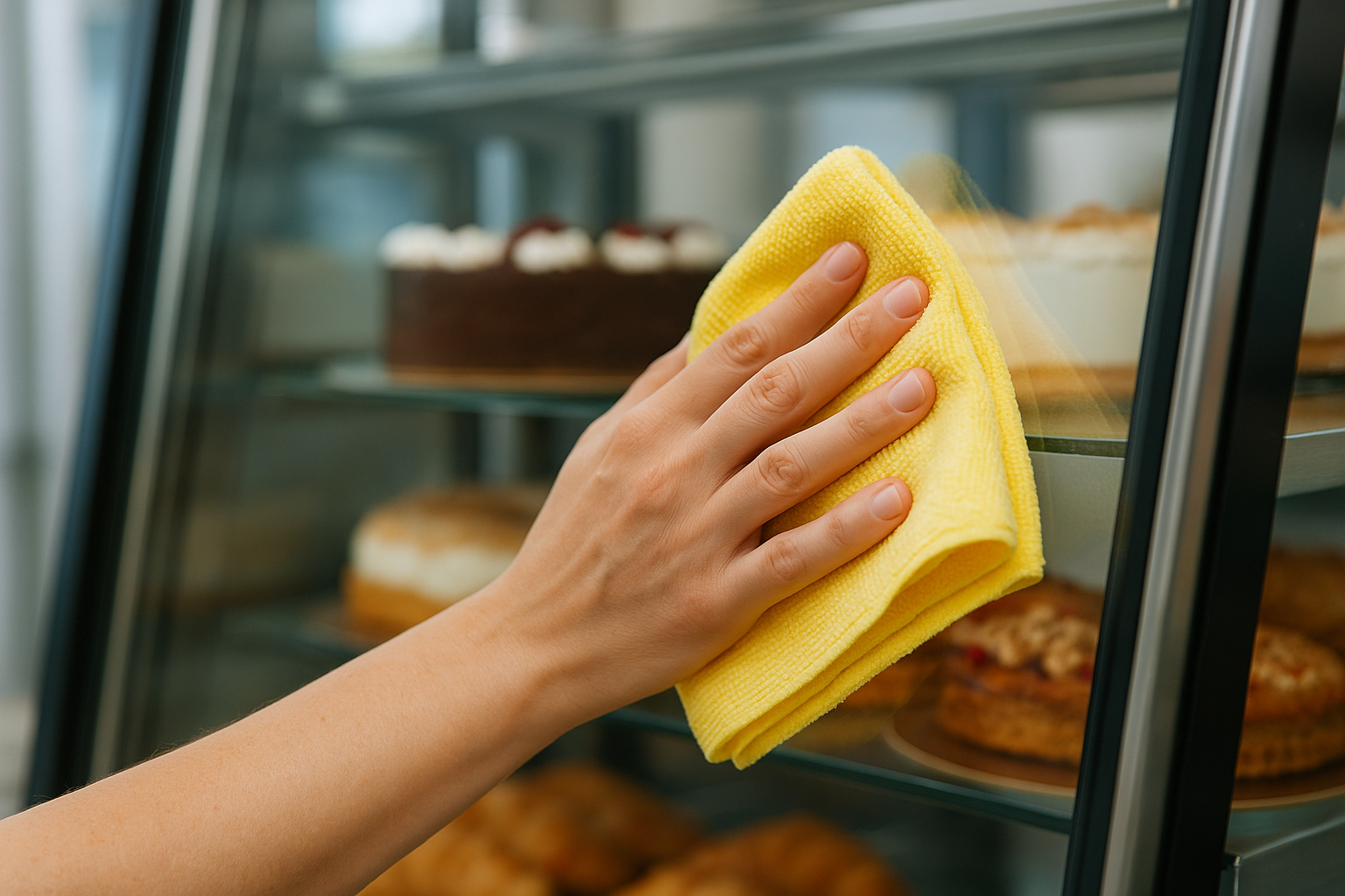 Hand mit Mikrofasertuch reinigt Glas einer Kühlvitrine