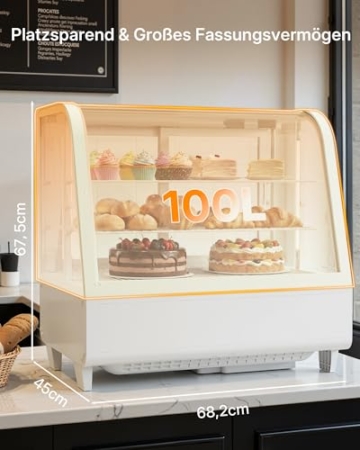 Upstreman Kühlvitrine 100L, Vitrine für Kühlschränke, Kühltheke 2-10°C, LED-Beleuchtung, 2 Verstellbare Ablagen, für Café, Bäckerei, Tortenvitrine, CD101-Weiß - 2