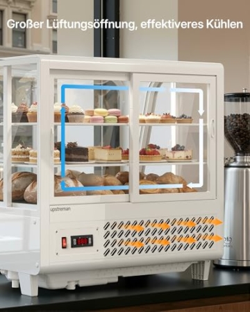 Upstreman Kühlvitrine 100L, Vitrine für Kühlschränke, Kühltheke 2-10°C, LED-Beleuchtung, 2 Verstellbare Ablagen, für Café, Bäckerei, Tortenvitrine, CD101-Weiß - 3