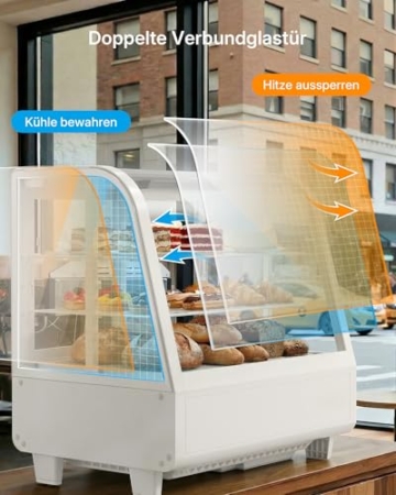 Upstreman Kühlvitrine 100L, Vitrine für Kühlschränke, Kühltheke 2-10°C, LED-Beleuchtung, 2 Verstellbare Ablagen, für Café, Bäckerei, Tortenvitrine, CD101-Weiß - 4