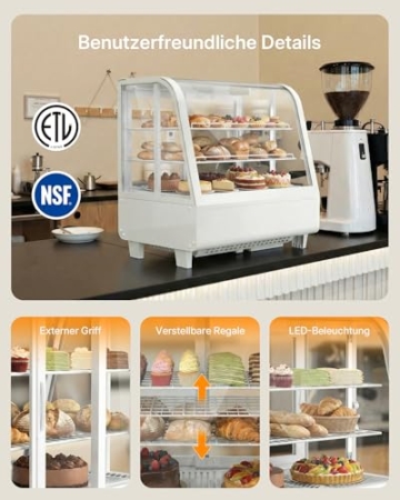 Upstreman Kühlvitrine 100L, Vitrine für Kühlschränke, Kühltheke 2-10°C, LED-Beleuchtung, 2 Verstellbare Ablagen, für Café, Bäckerei, Tortenvitrine, CD101-Weiß - 6
