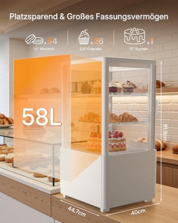 Upstreman Kühlvitrine 58L, Vitrine für Kühlschränke, Kühltheke 2-10°C, LED-Beleuchtung, 2 Verstellbare Ablagen, für Café Bäckerei, Tortenvitrine, CD58-Weiß - 2