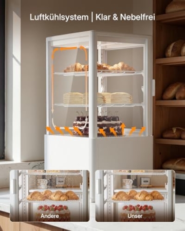 Upstreman Kühlvitrine 58L, Vitrine für Kühlschränke, Kühltheke 2-10°C, LED-Beleuchtung, 2 Verstellbare Ablagen, für Café Bäckerei, Tortenvitrine, CD58-Weiß - 3