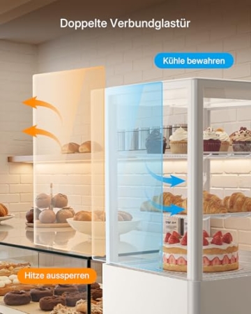 Upstreman Kühlvitrine 58L, Vitrine für Kühlschränke, Kühltheke 2-10°C, LED-Beleuchtung, 2 Verstellbare Ablagen, für Café Bäckerei, Tortenvitrine, CD58-Weiß - 4