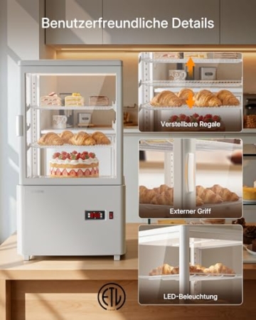 Upstreman Kühlvitrine 58L, Vitrine für Kühlschränke, Kühltheke 2-10°C, LED-Beleuchtung, 2 Verstellbare Ablagen, für Café Bäckerei, Tortenvitrine, CD58-Weiß - 6